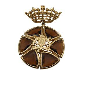 VTG Brooch Bretagne Coat of Arms Brittany Amber Glass France Made Gold Tone Pin